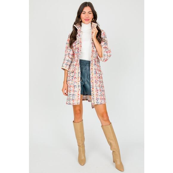 Easel Tweed Belted Shirt Dress/Coat, Teal Blush - Picture 4 of 11